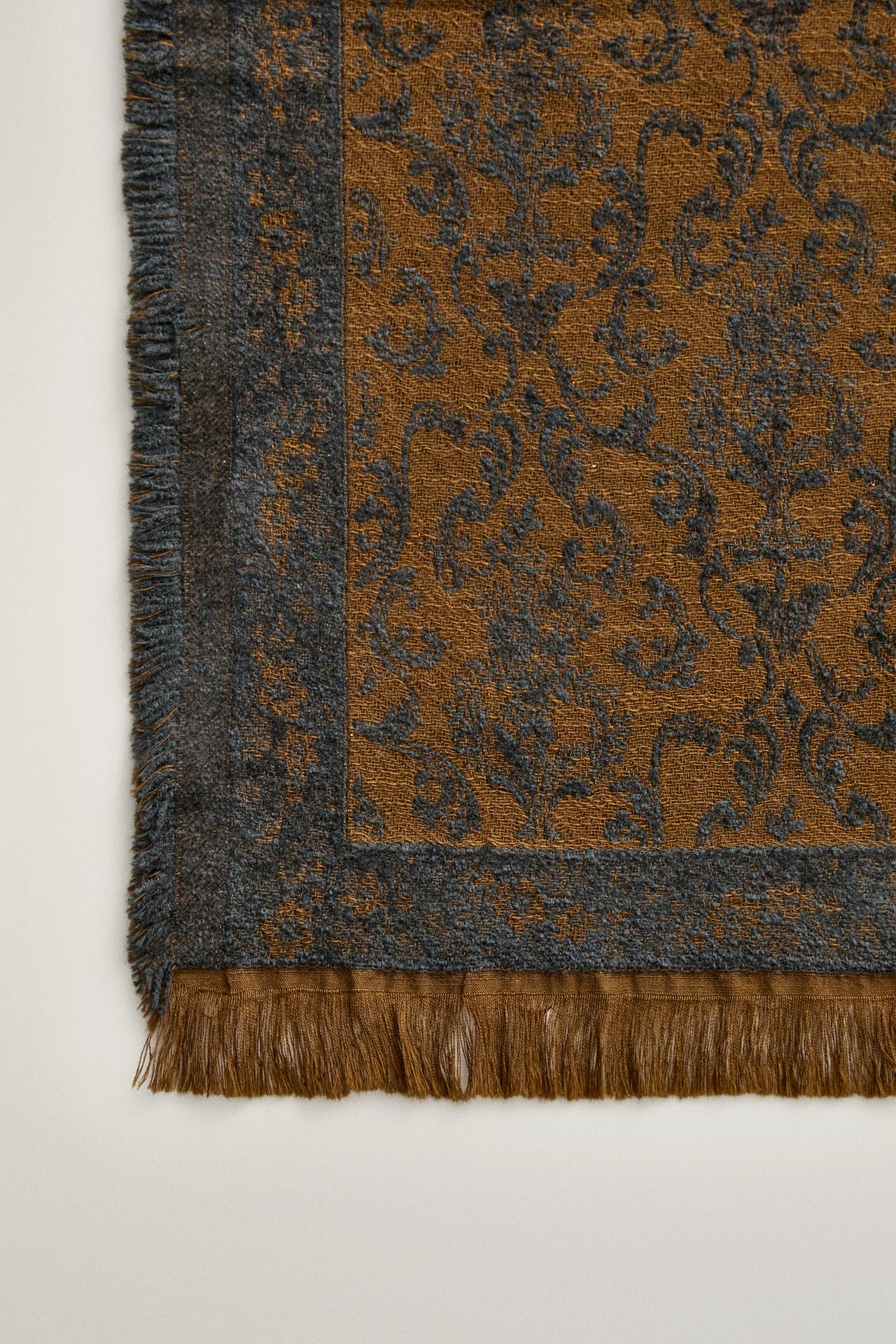 Wool jacquard fringe blanket — Ochre