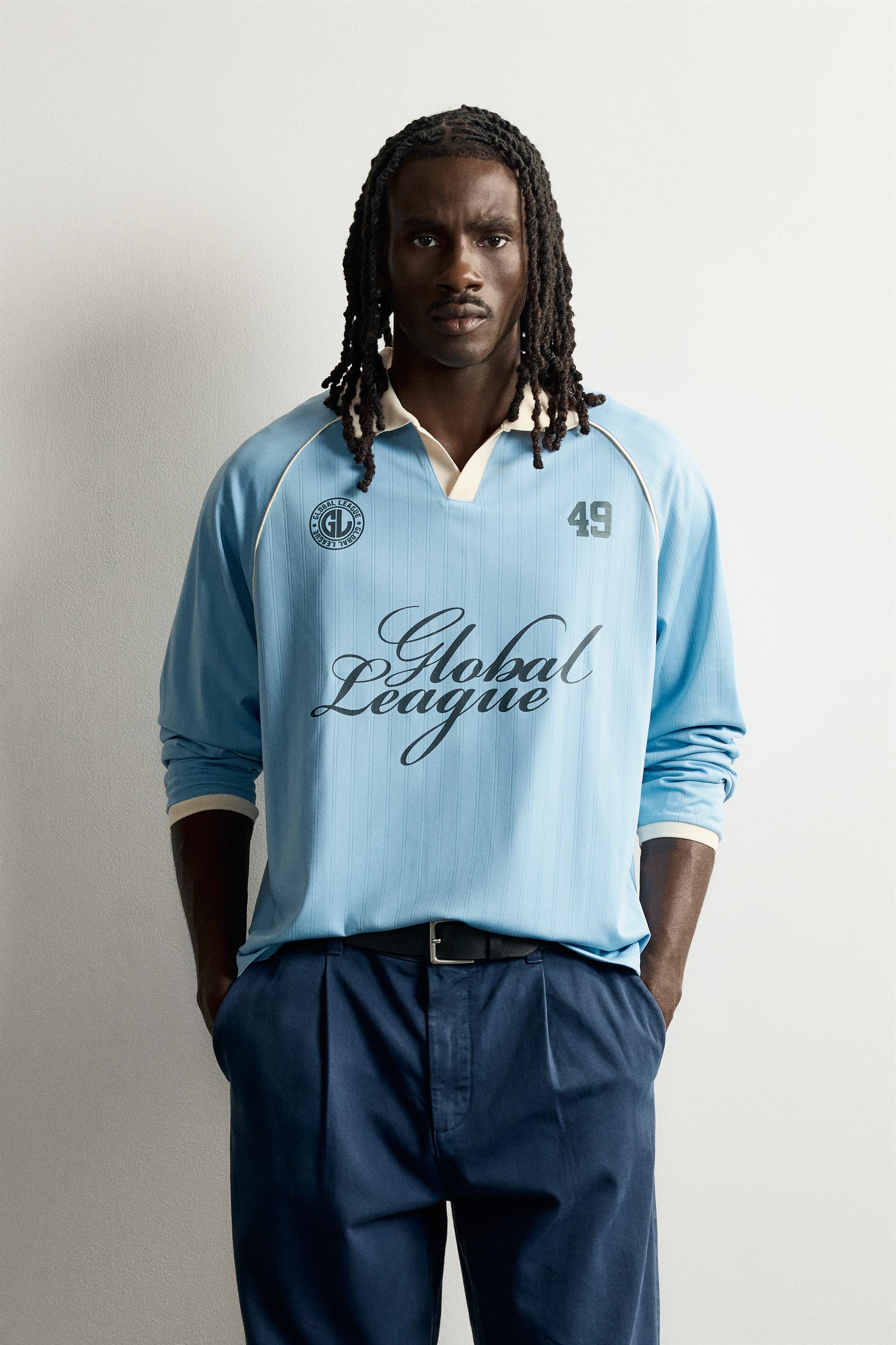 RELAXED FIT RETRO SOCCER TECHNICAL POLO — Sky blue