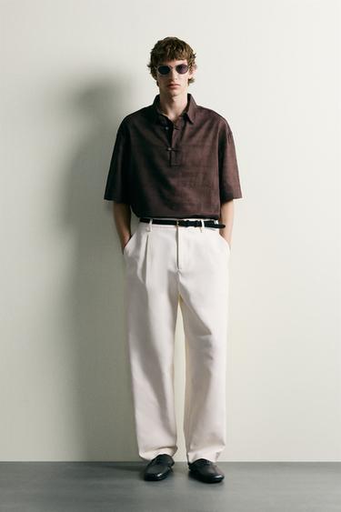 LINEN/COTTON POLO SHIRT - Chocolate by Zara
