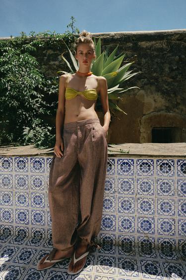 PANTALÓN BOMBACHO LAZOS CON LINO - Marrón / Crudo de Zara