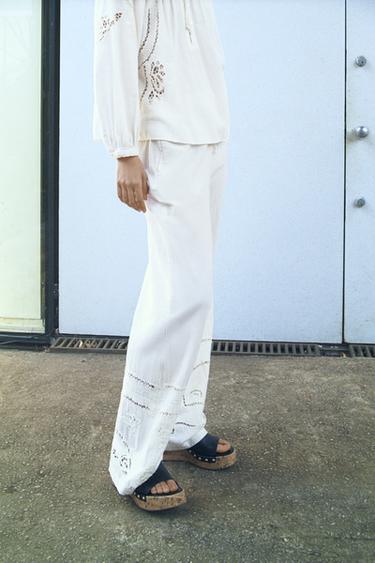 ZW COLLECTION EMBROIDERED PYJAMA TROUSERS - Ecru by Zara