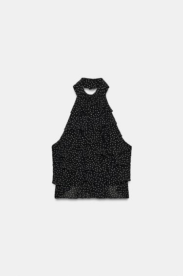GEORGETTE TOP S VÝSTRIHOM A BODKAMI - Čierna / Biela zn. Zara