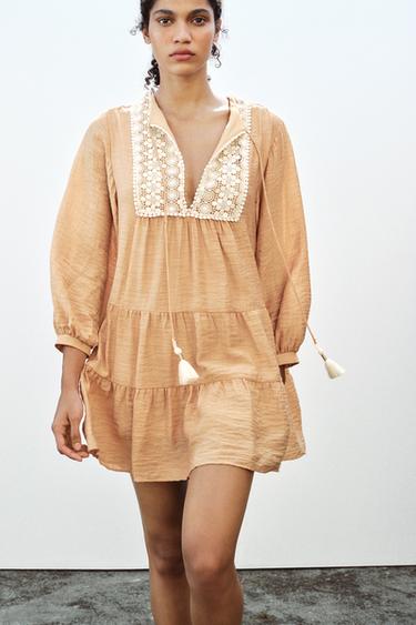 MINI DRESS WITH EMBROIDERED YOKE - Peach by Zara