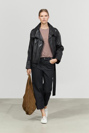 Trench corta cuello alto piel - Negro de Zara - Imagen 0