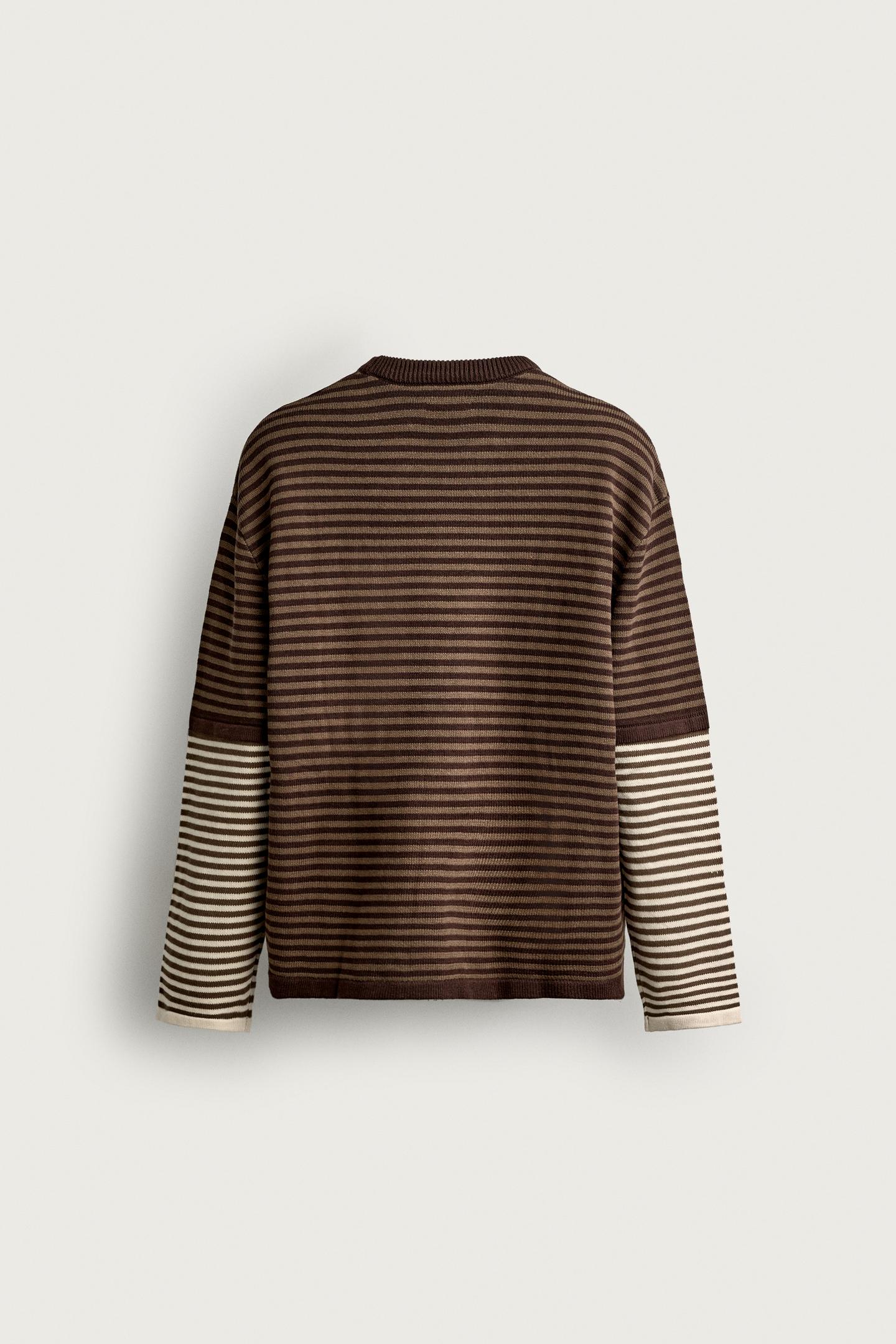 Мужской свитер Zara Contrast Striped Jacquard, цвет: Коричневый — фото 8