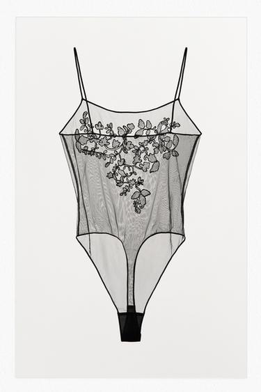 FLORAL EMBROIDERY MESH BODYSUIT - Black by Zara