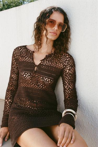CROCHET KNIT MINI DRESS - Brown by Zara - Image 2