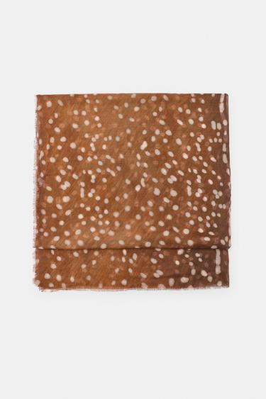 Zara MODAL SILK PRINTED SCARF - Ecru / Brown