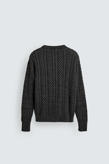 Zara GARMENT-DYED CABLE KNIT SWEATER - Black