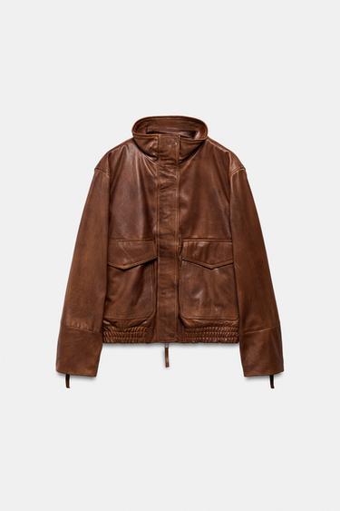 100% LEATHER BOMBER JACKET ZW COLLECTION LIMITED EDITION - Brown by Zara