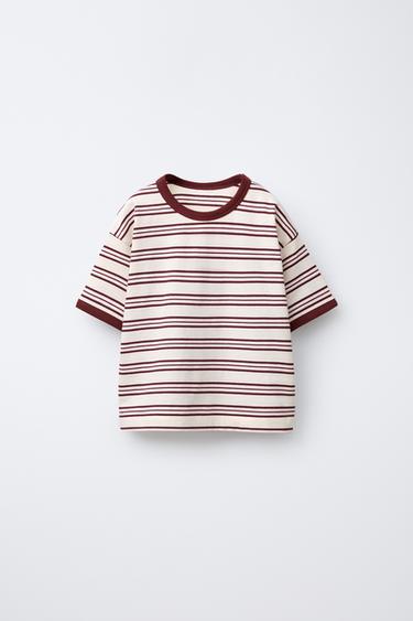TIMELESZ - STRIPE T-SHIRT WITH CONTRAST TRIM - Ecru / Maroon by Zara
