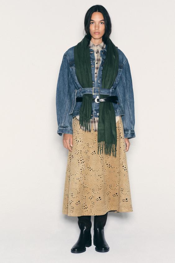 Zara FAUX SUEDE CUTWORK SKIRT - Mid-camel - Image 0