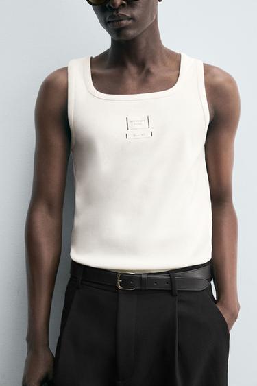 LABEL TANK T-SHIRT - Light beige by Zara - Image 5