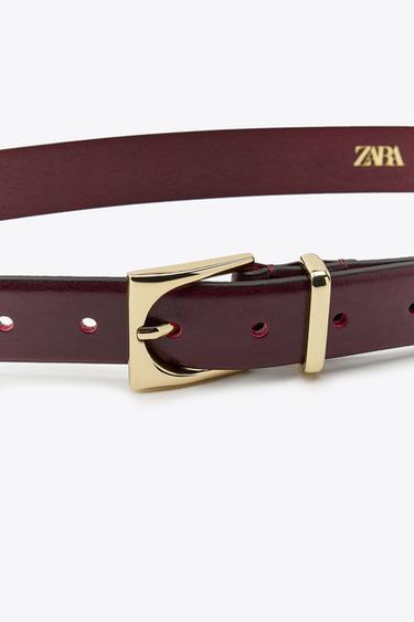 LEATHER BELT WITH GEOMETRIC BUCKLE - Burgundy by Zara - Image 2