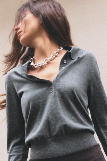 PULL POLO EN MAILLE UNIE - Gris chiné de Zara - Image 1