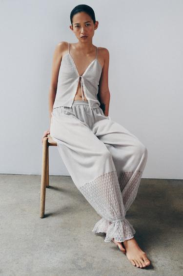 ELASTICATED LACE TRIM KNIT TOP - Grey by Zara