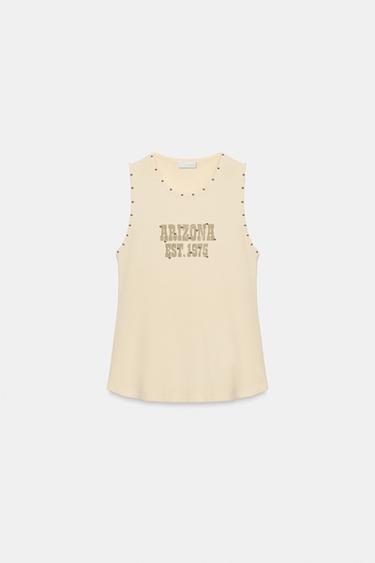 T-SHIRT WITH STUDS AND SLOGAN - Beige by Zara