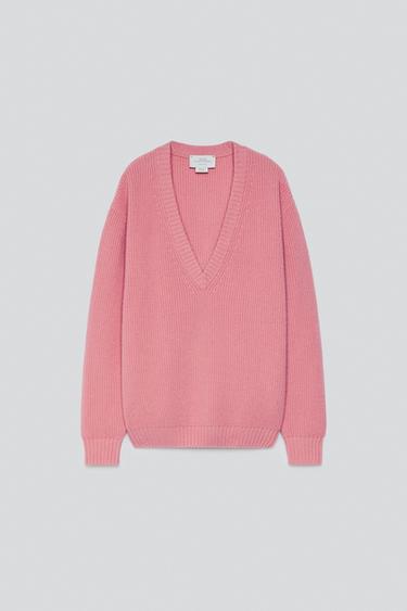 100% CASHMERE V-NECK JUMPER — Pink 1