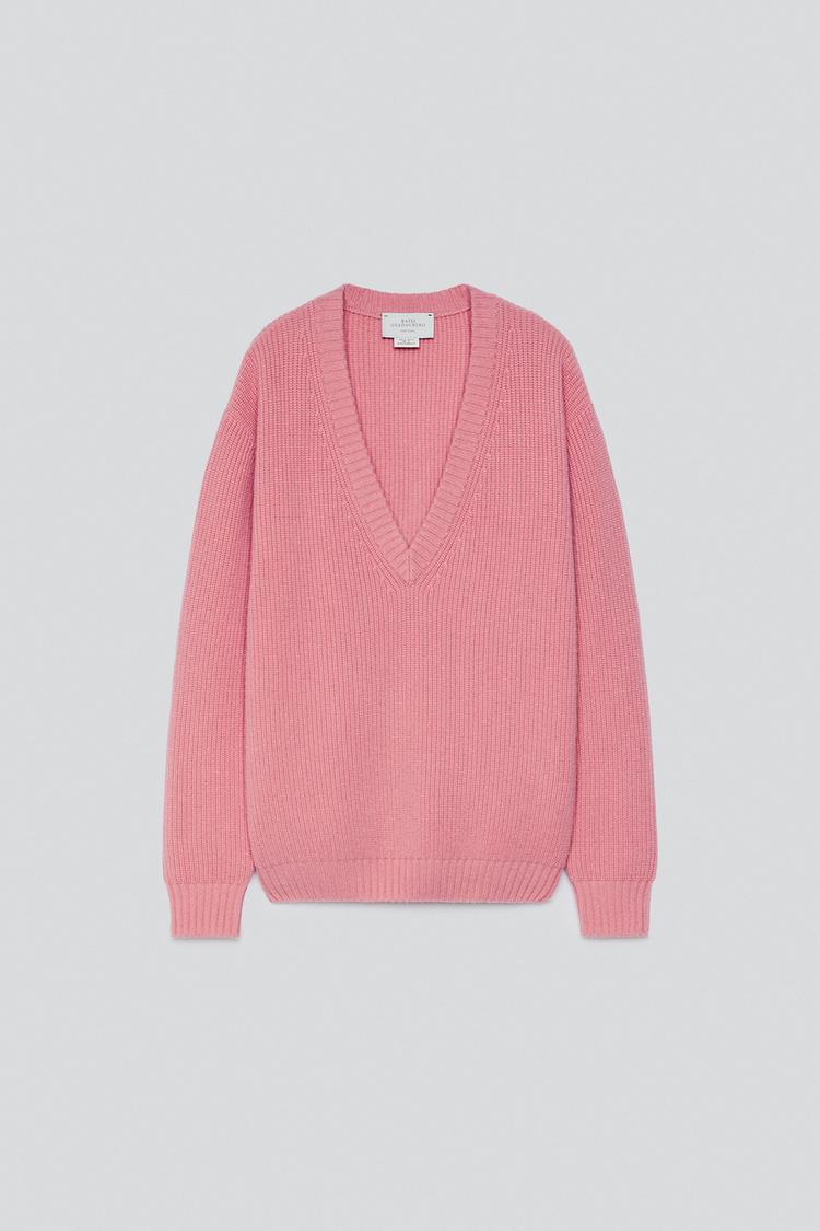 100% CASHMERE V-NECK JUMPER — Pink