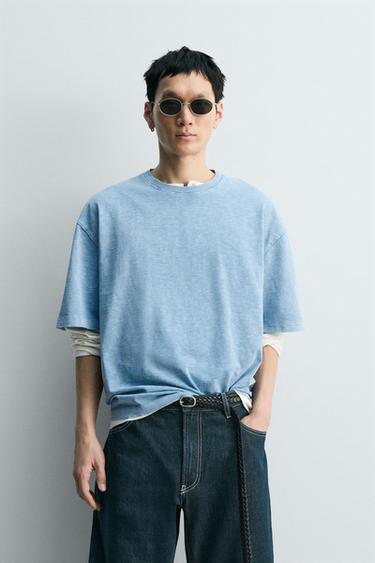 Zara WASHED FLAMÉ TEXTURED RELAXED FIT T-SHIRT - Blue