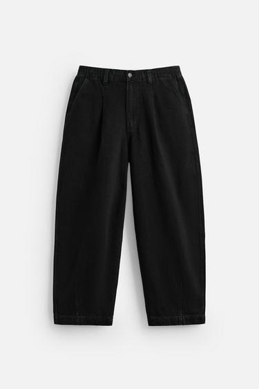 Zara 丹寧斜紋寬管打褶長褲 - 黑色