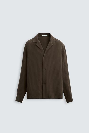 Zara STRIPED MODAL BLEND SHIRT - Brown