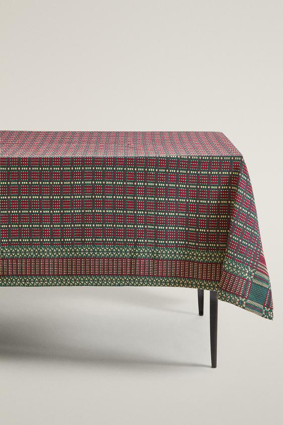 Zara CHRISTMAS STRIPED COTTON TABLECLOTH - Green - Image 0