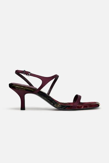 Zara HIGH HEELED VELVET DRAWING SANDALS - Burgundy Red