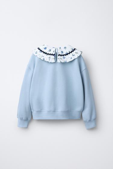 PETER PAN COLLAR SWEATSHIRT WITH SCALLOPED TRIM AND EMBROIDERED SLOGAN - Sky blue by Zara - Image 1