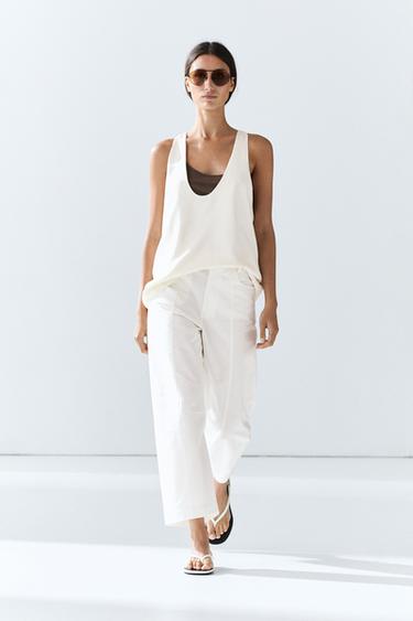 Zara Cotton linen blend barrel fit pants - Oyster-white - Image 0