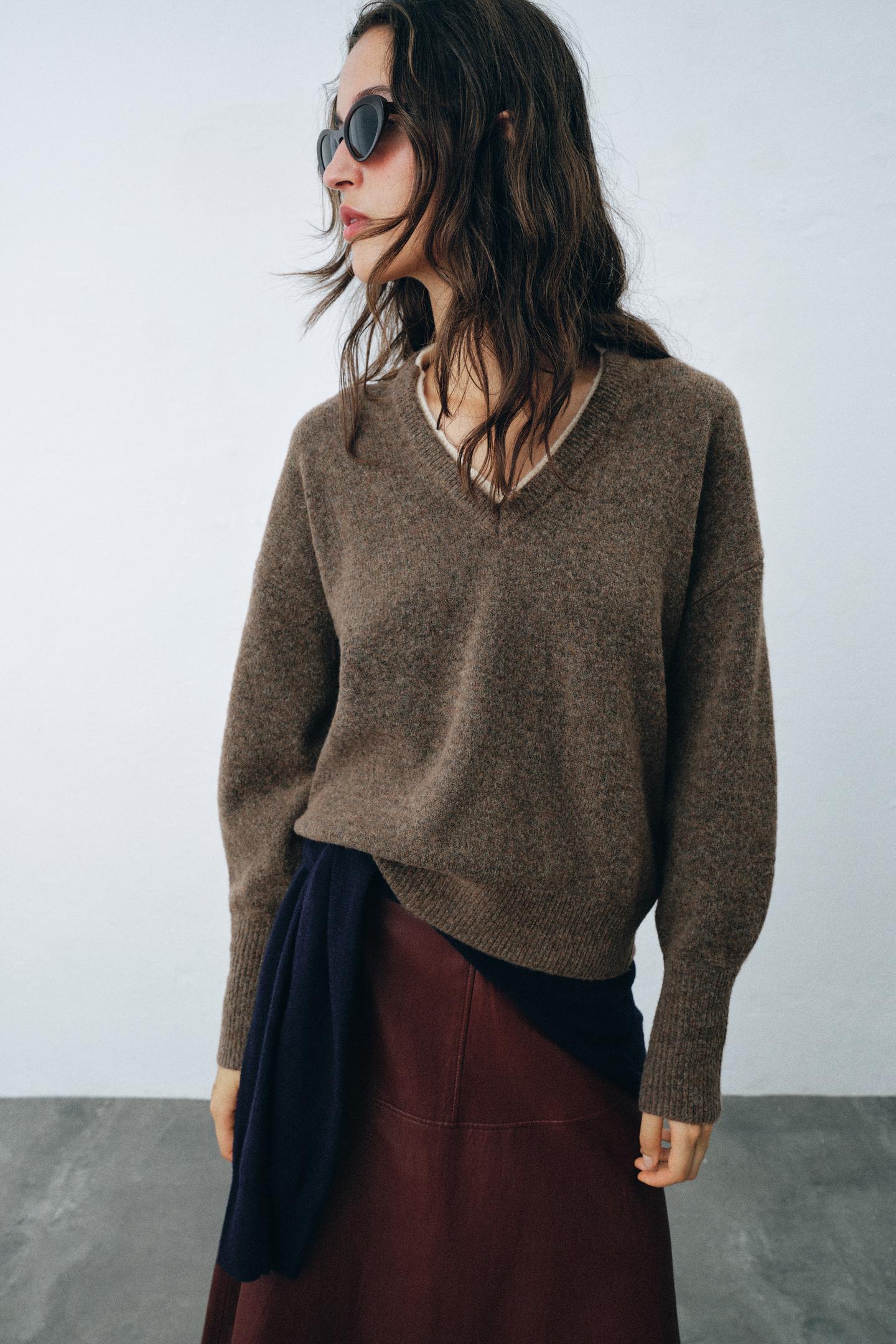 Женский свитер Zara Double-Look Wool, цвет: Норковый — фото 4