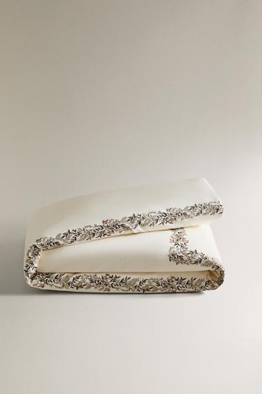SATEEN DUVET COVER WITH EMBROIDERED LEAVES - Green by Zara - Image 4