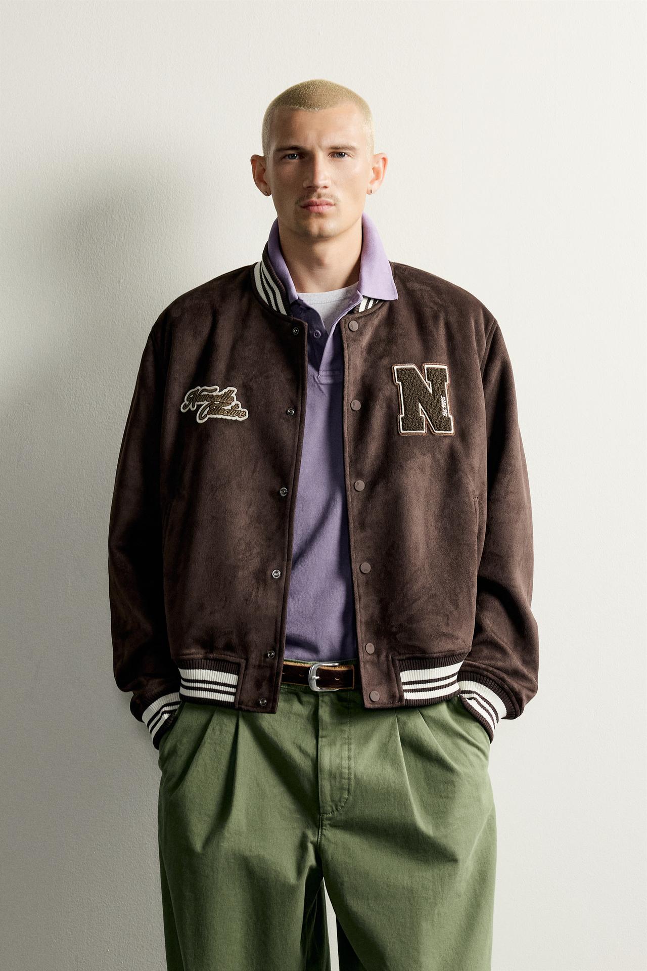 FAUX-SUEDE PATCH BOMBER JACKET — Brown