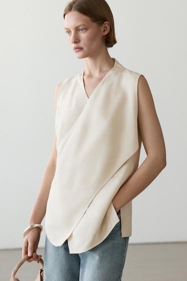 Zara Flowing linen blend crossover top - Beige