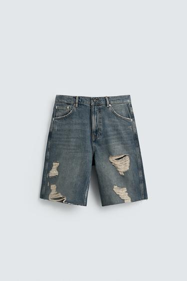 Zara ISCEPANE TEKSAS BERMUDE OPUŠTENOG KROJA – plava / zelena