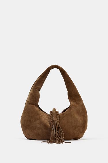 Zara SPLIT LEATHER SHOULDER BAG WITH FRINGES - Chocolate