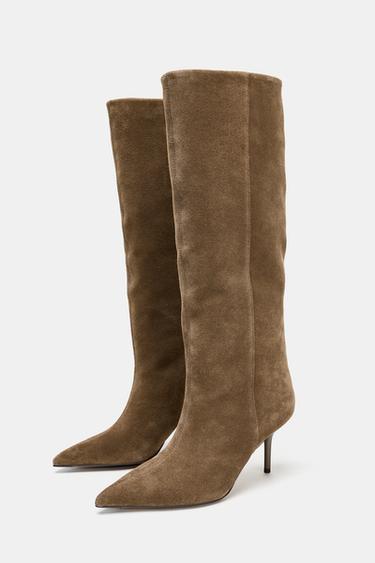BOTTES À TALONS FINS EN CROÛTE DE CUIR - Gris taupe de Zara - Image 3