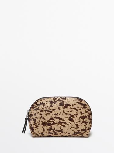 Zara Hair on leather mini animal print toiletry bag - Butter - Image 0