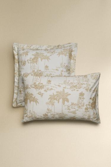 TOILE DE JOUY PALM TREE SATEEN PILLOWCASE - Gold by Zara