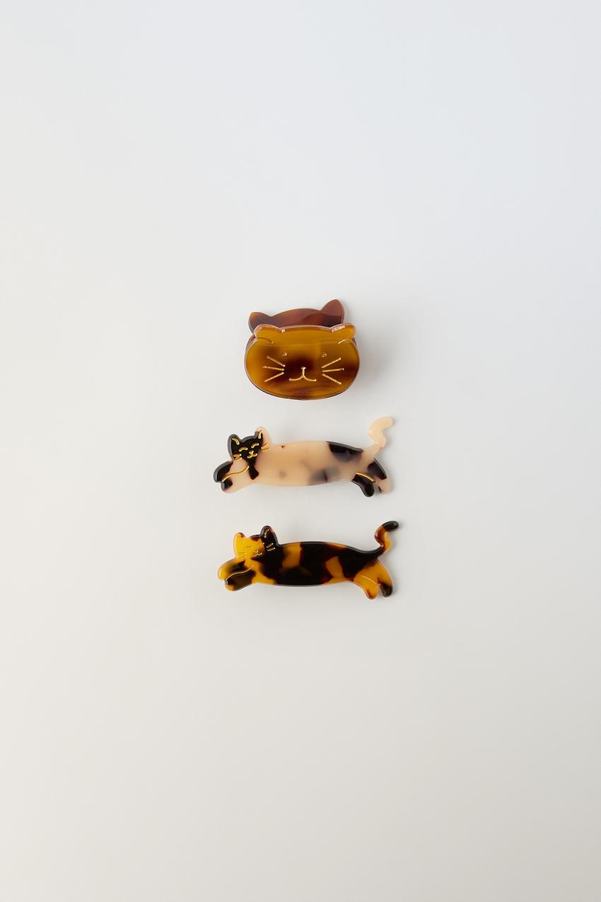 じゃれねこちゃんヘアクリップ 三毛猫(黄色)×紅葉 つらく