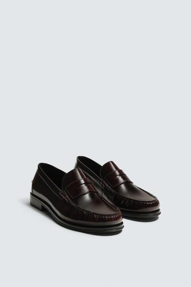 LEATHER PENNY LOAFERS - Burgundy Red by Zara
