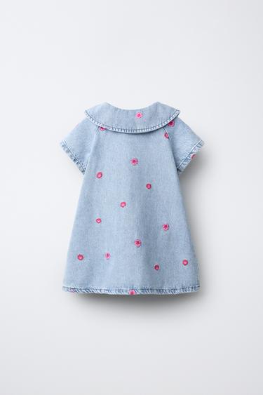 ROBE EN DENIM À FLEURS BRODÉES - Bleu de Zara - Image 1
