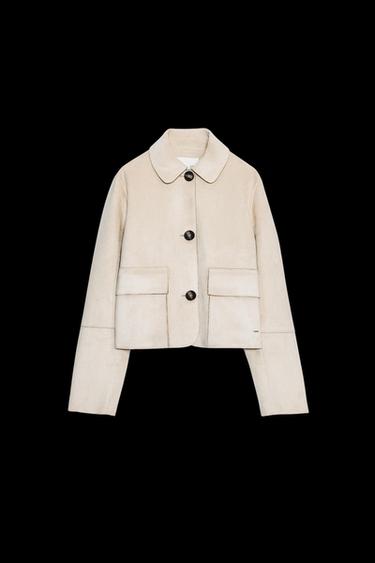 Zara FAUX SUEDE CROPPED JACKET - Ecru