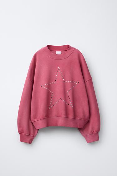 Zara WASHED EFFECT SWEATSHIRT WITH STAR STUDS - Raspberry