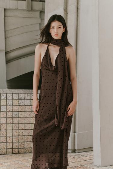 Zara 波卡圓點圍巾長洋裝 - 棕色 - 圖片 0