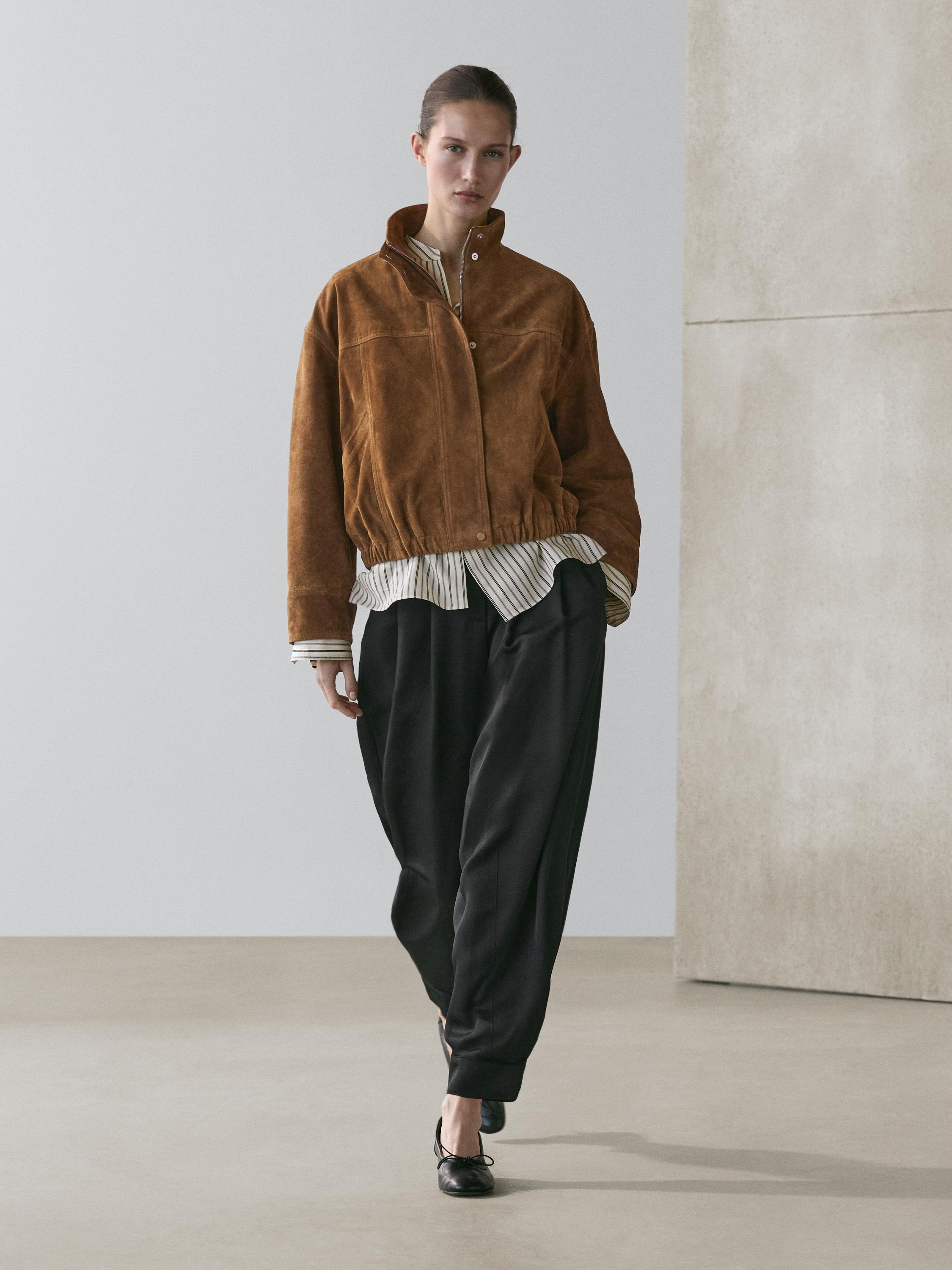 Blouson bomber court en cuir daim