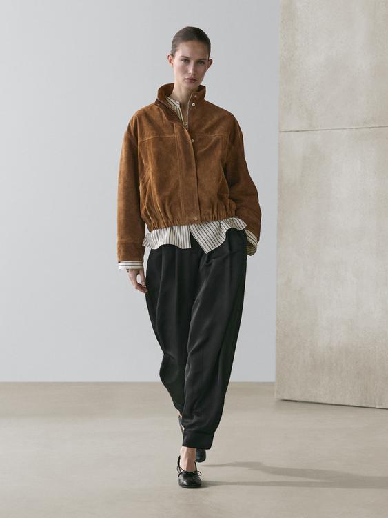 Short suede leather bomber jacket