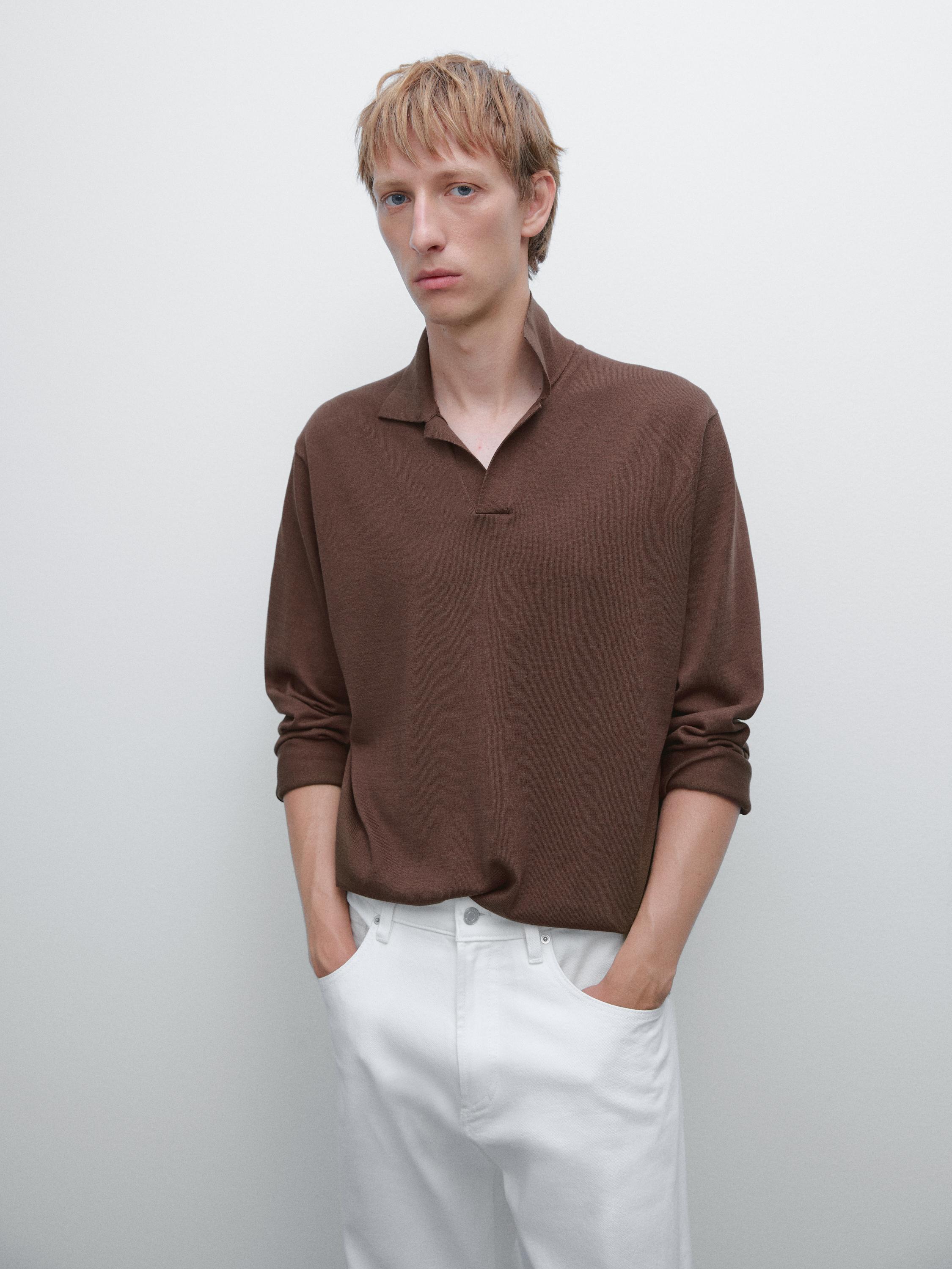 Pull polo en maille de coton et soie mélangés