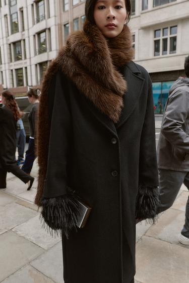 PLAIN FAUX FUR SCARF WITH FRINGING - Brown by Zara - Image 0