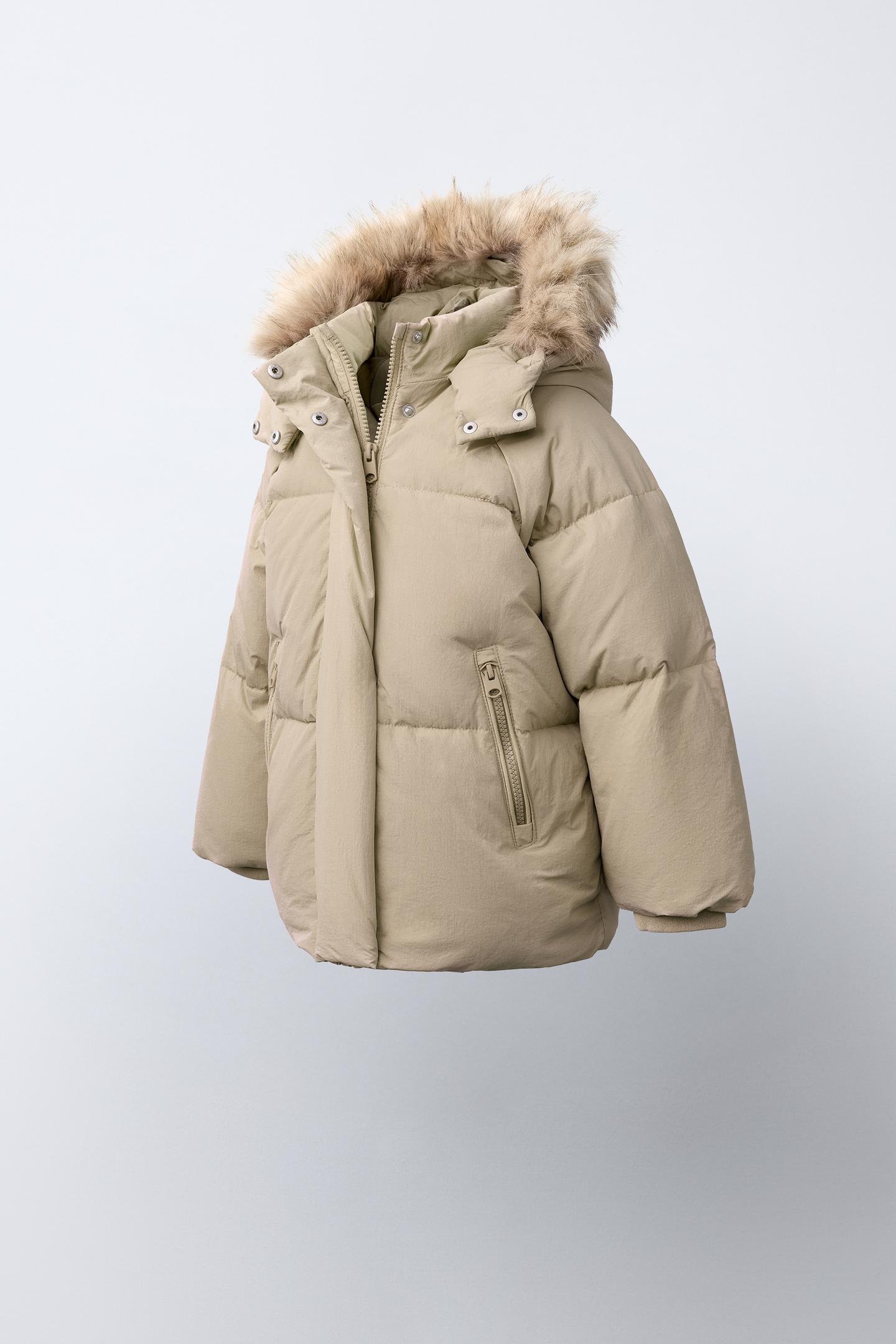 Детская куртка Zara Water-Repellent Thermal 50/50 Down and Feather with Detachable Faux Fur Hoodie, цвет: Бежевый — фото 3